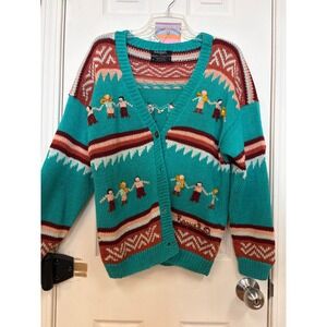 Raquel's Collection Vintage Hand Knit Peruvian Cotton Cardigan Teal Womens M